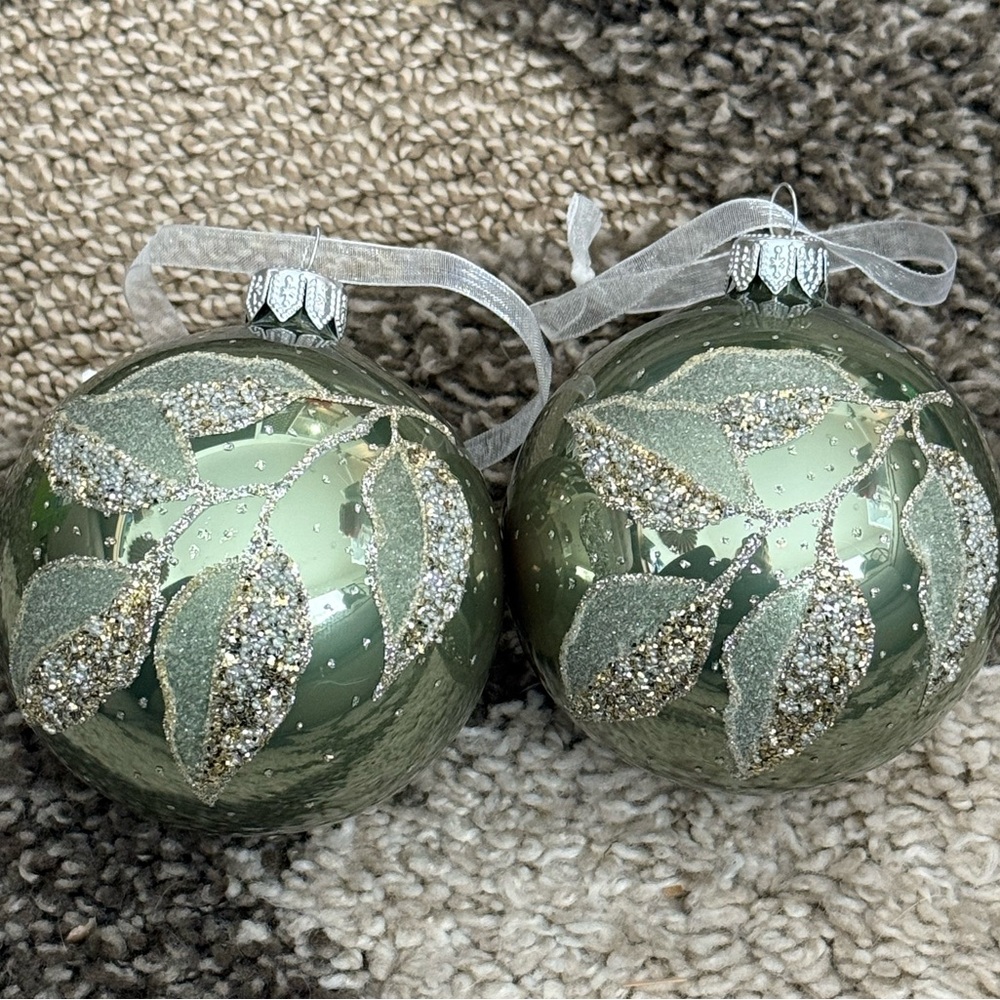 Set of 2 European Sage Green Eucalyptus Glass Ornaments 3.15”